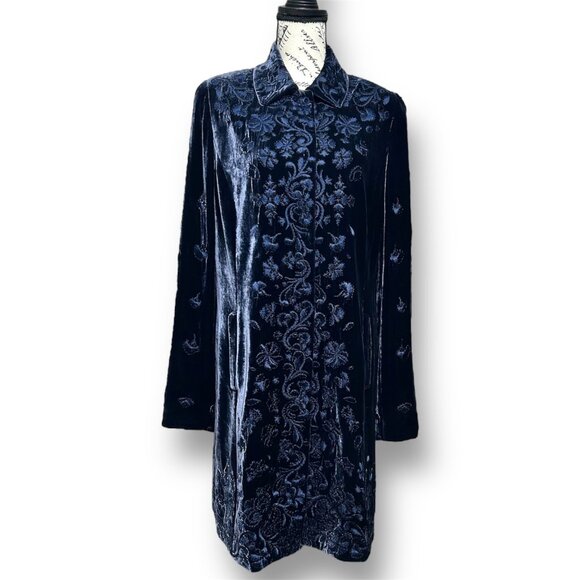 Elie Tahari M Navy Blue Velvet Coat Embroidered Long Jacket Boho Floral Luxe - Picture 1 of 10